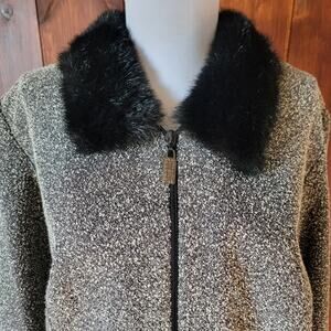Women 14 Black & White Bouclé Blazer Faux Fur Collar Texture Tailored Whimsygoth